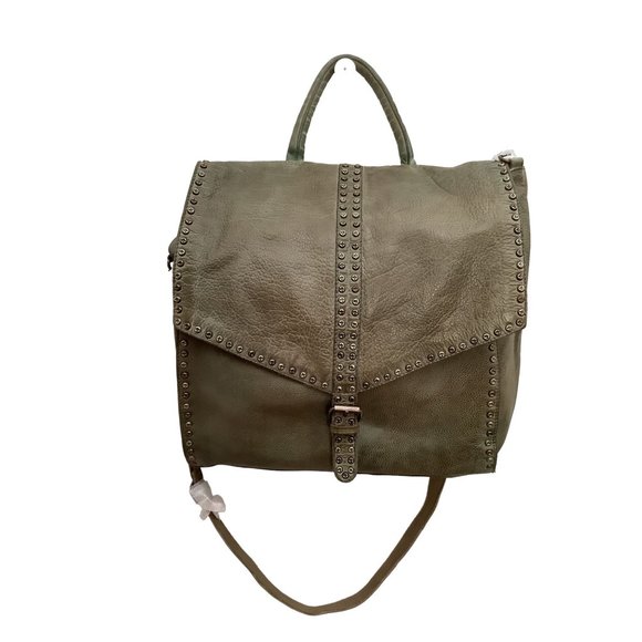 Free People Bianca Studded Leather Messenger Bag in Green